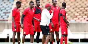 Harambee Stars coach Francis Kimanzi gives instructions during a training session at Moi International Sports Centre, Kasarani on October 12, 2019.