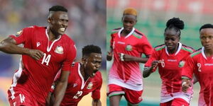 Photo Collage between Harambee Stars players celebrating and Harambee Starlets Players