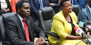 Law Society of Kenya President Nelson Havi (left) and UDA Secretary General Veronica Maina (right)  at the press conference on Monday, December 20, 2021