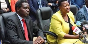 Law Society of Kenya President Nelson Havi (left) and UDA Secretary General Veronica Maina (right) at the press conference on Monday, December 20, 2021