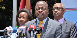 A photo of Health CS Mutahi Kagwe addressing the media outside Afya House on March 18, 2020.