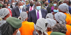 Health CS Mutahi Kagwe and His Interior Counterpart Fred Matiang'i Arrive at the Launch of the Mass Vaccination Drive at Nakuru Maximum Prison