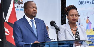 Health Cabinet Secretary Mutahi Kagwe (Left) and his Chief Administrative Secretary Mercy Mwangangi during a press briefing in March 2020.