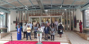 Health Cabinet Secretary Mutahi Kagwe addressing the media outside Harambee House on March 22, 2020.