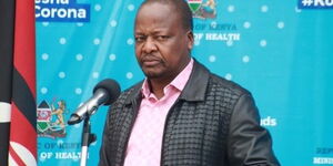 Health Cabinet Secretary Mutahi Kagwe speaking during a presser outside Kenyatta National Hospital, April 2020.