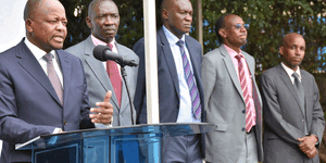 Health CS Mutahi Kagwe (left) Government Spokesman Cyrus Oguna (second left) and Director General of Health Patrick Amoth (centre) addresses the media at Afya House, Nairobi on Tuesday, May 5, 2020