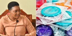 Health CS Susan Nakhumicha addresing the media on January 3, 2022 (left) and condoms on display (right).