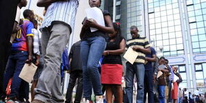 File Photo of Students Lining up to Submit Their HELB Details at Anniversary Towers Nairobi