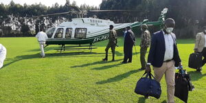 Helicopte assigned to Health Cabinet Secretary Mutahi Kagwe pictured in Kericho on August 10, 2020.