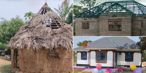 A photo collage of Hellen Daniel's parent's mud house (left) and newly constructed permanent house (left).