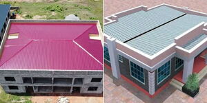Photo collage of a hidden roof on a house under construction and on a ready finished house