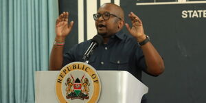 Housing Principal Secretary Charles Hinga speaking to journalists at State House Nairobi on May 24, 2023.