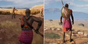 A collage image of Massai warrior in the Hiru video game.