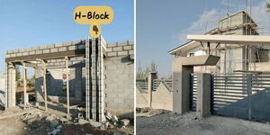 A photo collage of two buildings at different stages of construction.