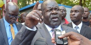 Homa Bay Governor Cyprian Awiti addresses journalists in Homa Bay town on June 18, 2019.