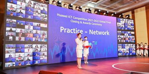 Hosts reading ourt the names of prize winners of the Huawei ICT Global Competitions in Shenzen, China.