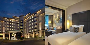Photo collage of the exterior and interior of DusitD2 Hotel