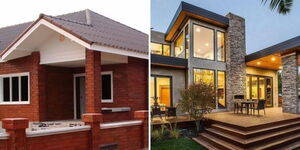 A photo collage of a brick house (l) and a stylish prefabricated house built using concrete blocks.CANVA