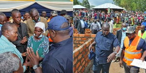 A collage image of Fred Matiang'i in the company of Land CS Farida Karoney visiting Mzee Joseph Abuga Oribo (left) and Matiang'i inspecting the house under construction (right).