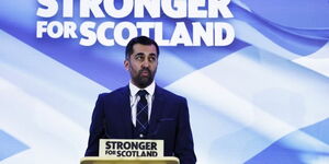 Humza Yousaf gives a speech after winning the election to be the leader of the Scottish National Party in Edinburgh, Scotland, on March 27, 2023.