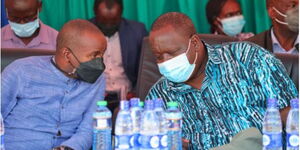 ICT CS Joe Mucheru and Interior CS Fred Matiang'i during a fund drive event in Kajiado County.