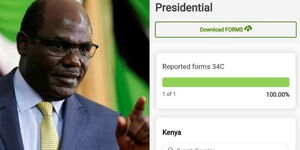 IEBC Chairman Wafula Chebukati (left) and the IEBC portal showing Form 34C has been reported.
