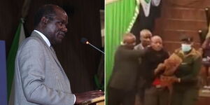 IEBC Chairperson Wafula at Bomas of Kenya (left) and Julius Kamau who interrupted his speech being whisked away.