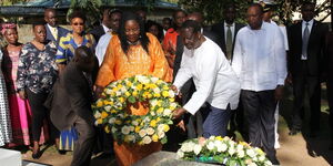 Ida Odinga and her husband Raila lay a wreath at their son's (Fidel Odinga) grave on January 4, 2019.
