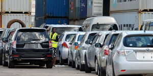 Imported cars at the port of Mombasa await clearance.