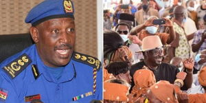 Inspector General of Police Hillary Mutyambai (left) and former Prime Minister Raila Odinga hosting Mt Kenya residence on Sunday, October 10, 2020, at his home.