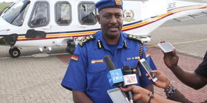 Inspector General of Police Hillary Nzioka Mutyambai address press after boarding a new 5Y-DIG helicopter at Wilson airport on May 3, 2019.