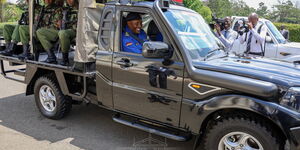 Inspector-General of Police Hillary Nzioki Mutyambai all smiles behind the wheel of a locally assembled Mahindra at State House Nairobi on March 9, 2020.