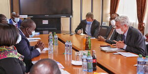 Interior CS Fred Matiang'i (Left row center) speaks directly to UNHCR Refugee Commissioner Filippo Grandi on Thursday, April 29, 2021.