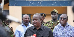 Former Interior CS Fred Matiang'i addressing the press at Tot Police Station on Wednesday, June 8, 2022.