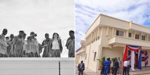 Interior CS Fred Matiang'i shows delegates the new building (left) and a photo showing the new ATPU headquarters in Mombasa.