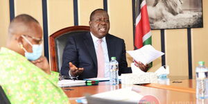 Interior CS Fred Matiang'i with ministry officials engaged in a virtual meeting with MPs on March 24, 2021
