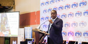 Interior CS Fred Matiang'i gives an address during the SMEs Expo in Nairobi on Monday, February 24, 2020.
