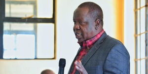 Interior Cabinet Secretary Dr Fred Matiang'i addresses NGAOs from Nyamira County on Friday, January 14, 2022.