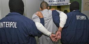 Masked Interpol officers arrest a crime suspect