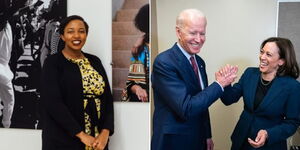 A collage image of Polly Irungu (LEFT) and President Joe Biden and VP Kamala Harris (RIGHT).