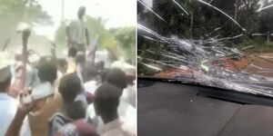 Isiolo South MP Abdi Koropu Tepo chased away from funeral on Saturday, September 26 2020 (left) and a broken windscreen.