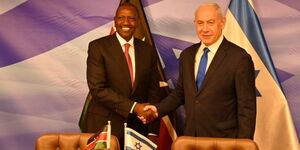 President William Ruto shakes hands with Israel Prime Minister Benjamin Netanyahu at his Netanyahu's office in Jerusalem, Israel, on May 9, 2023.