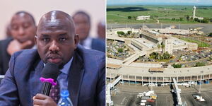 A photo collage of Transport Cabinet Secretary Kipchumba Murkomen speaking before MPs on March 2, 2023 (left) and a section of the Jomo Kenyatta International Airport (JKIA).