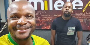 In front: Felix Odiwour (Jalang'o) with Milele FM co-host Alex Mwakideu at MediaMax studios on Friday, April 17, 2020
