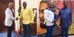 A collage image of Phelix Odiwuor and Deputy President William Ruto (left) and hanging out with former Prime Minister Raila Odinga at a past event (right).