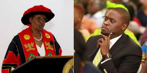 A collage of Janet Museveni during the 72nd Graduation Ceremony of Makerere University on May 24, 2022. and Nairobi Senator Johnson Sakaja at a previous event.