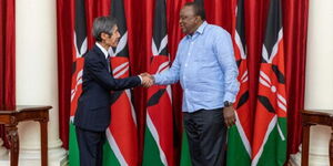 Japanese ambassador to Kenya Okaniwa Ken with President Uhuru Kenyatta.