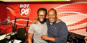 Hot 96 radio show hosts Jeff Koinange (right) with Professor Hamo in the Hot 96 studios.