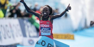 Peres Jepchirchir celebrating her gold win in the Olympic Women Marathon on August 7.