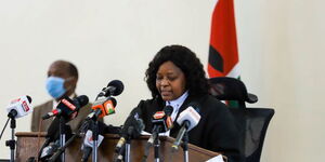  Justice Jessie Lessit reading the verdict in lawyer Willie Kimani murder case at the Milimani High Court on Friday July 22, 2022